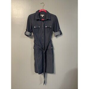 Dressbarn Polyester Shirt Dress Sz 4 Blue Belted 3/4 Sleeve Midi Front Zip